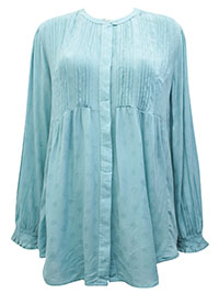 TURQUOISE Pleat Front Long Sleeve Shirred Cuff Top - Plus Size 16 to 18