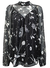BLACK Dandelion Print High Neck Chiffon Blouse - Size 6 to 18