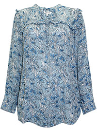 BLUE Floral Print Frill Trim Tie Neck Top - Size 10 to 14