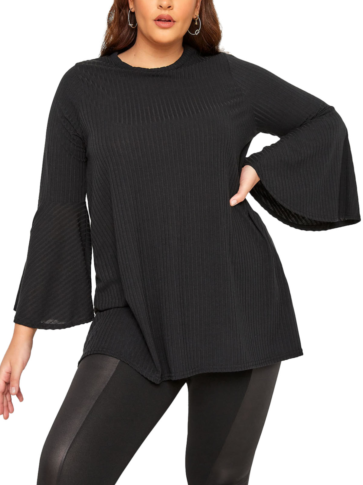 CURVE - - Curve BLACK Ribbed Flare Long Sleeve Top - Plus Size 20 to 24