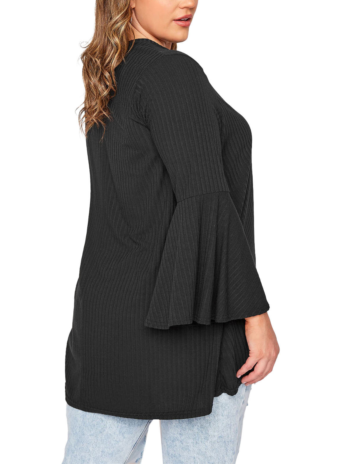 CURVE - - Curve BLACK Ribbed Flare Long Sleeve Top - Plus Size 20 to 24