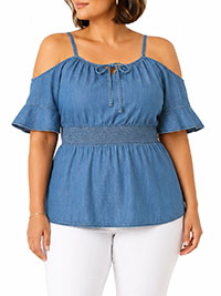 DENIM Chambray Cold Shoulder Smocked Waist Top - Plus Size 14 to 18