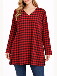 RED Supima Cotton Check Print Long Sleeve Tunic - Size 8 to 18 (US XS to XL)
