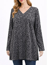 CHARCOAL Supima Cotton Animal Print Long Sleeve Tunic - Size 8 to 18 (US XS to XL)