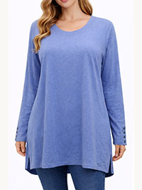 BLUE Pure Cotton Button Cuff Top - Size 8 to 22 (US XS to 2X)