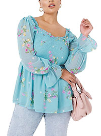 BLUE Floral Shirred Frill Square Neck Top - Plus Size 16 to 22