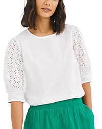WHITE Short Broderie Sleeve Cotton Poplin Top - Plus Size 22 to 30