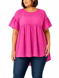 RASPBERRY Textured Short Sleeve Frill Sleeve Smock Top - Size 14 to 22