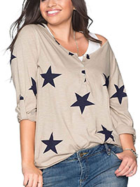 BEIGE Pure Cotton Star Print Roll Sleeve Top - Plus Size 22/24 to 30/32 (XL to 3XL)