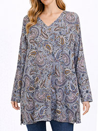 GREY Pure Cotton Paisley Print Long Sleeve Top - Size 8 to 18 (XS to XL)