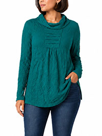 TEAL GREEN Long Sleeve Drape Neck Pleat Front Crinkle Tunic - Size 10/12 to 18/20 (S to L)
