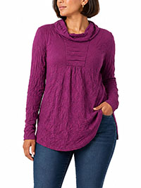 MAGENTA Long Sleeve Drape Neck Pleat Front Crinkle Tunic - Size 10/12 to 26/28 (S to 2XL)