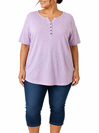 LILAC Melange Short Sleeve Jersey Knit Henley Top - Size 10/12 to 30/32 (US S to 3XL)