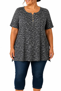 BLACK Melange Short Sleeve Jersey Knit Henley Top - Size 10/12 to 30/32 (US S to 3XL)
