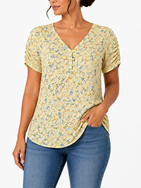 YELLOW Floral Print Crinkle Blouse - Size 10 to 20 (EU 38 to 48)