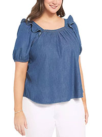 BLUE Chambray Square Neck Top With Ruffles - Plus Size 18 to 24 (US 14W to 20W)