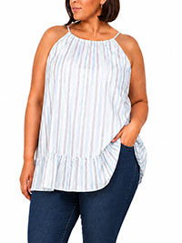 BLUE Striped Flounce Hem Cotton Strap Top - Plus Size 20 to 22 (US 16 to 18)