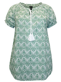 GREEN Violet Haze White Print Ruffle Trim Peasant Blouse - Plus Size 14 to 32/34 (US S to 3X)