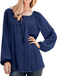 NAVY Tie Neck Peasant Tunic - Plus Size 14 to 40/42 (US S to 5X)