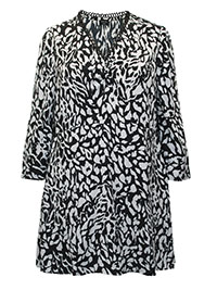 BLACK Animal Print Long Sleeve Lace Trim Tunic - Plus Size 16 to 26