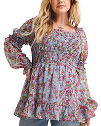 BLUE Floral Shirred Square Neck Peplum Top - Plus Size 20-32