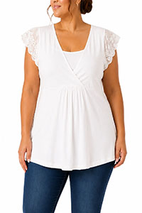 WHITE Pure Cotton Wrap Lace Sleeve Top - Size 10/12 to 22/24 (S to XL)