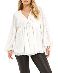 IVORY Jacquard Tie Front Long Sleeve V-Neck Smock Top - Plus Size 18 to 24