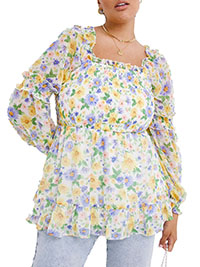 IVORY Floral Georgette Shirred Frill Square Neck Top - Plus Size 16-26