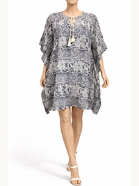 NAVY Snake Print Sequin Embellished Tassel Tie Kaftan - Freesize Fits 14 to 20