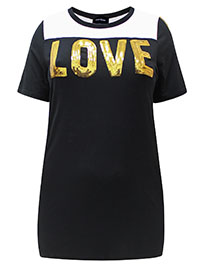 BLACK Color Block Sequin Embellished 'Love' Tape Sleeve Top - Plus Size 16/18 to 20/22 (US 14/16 to 18/20)