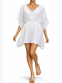 WHITE Contrast Embroidered Shirred Waist Kaftan - Freesize