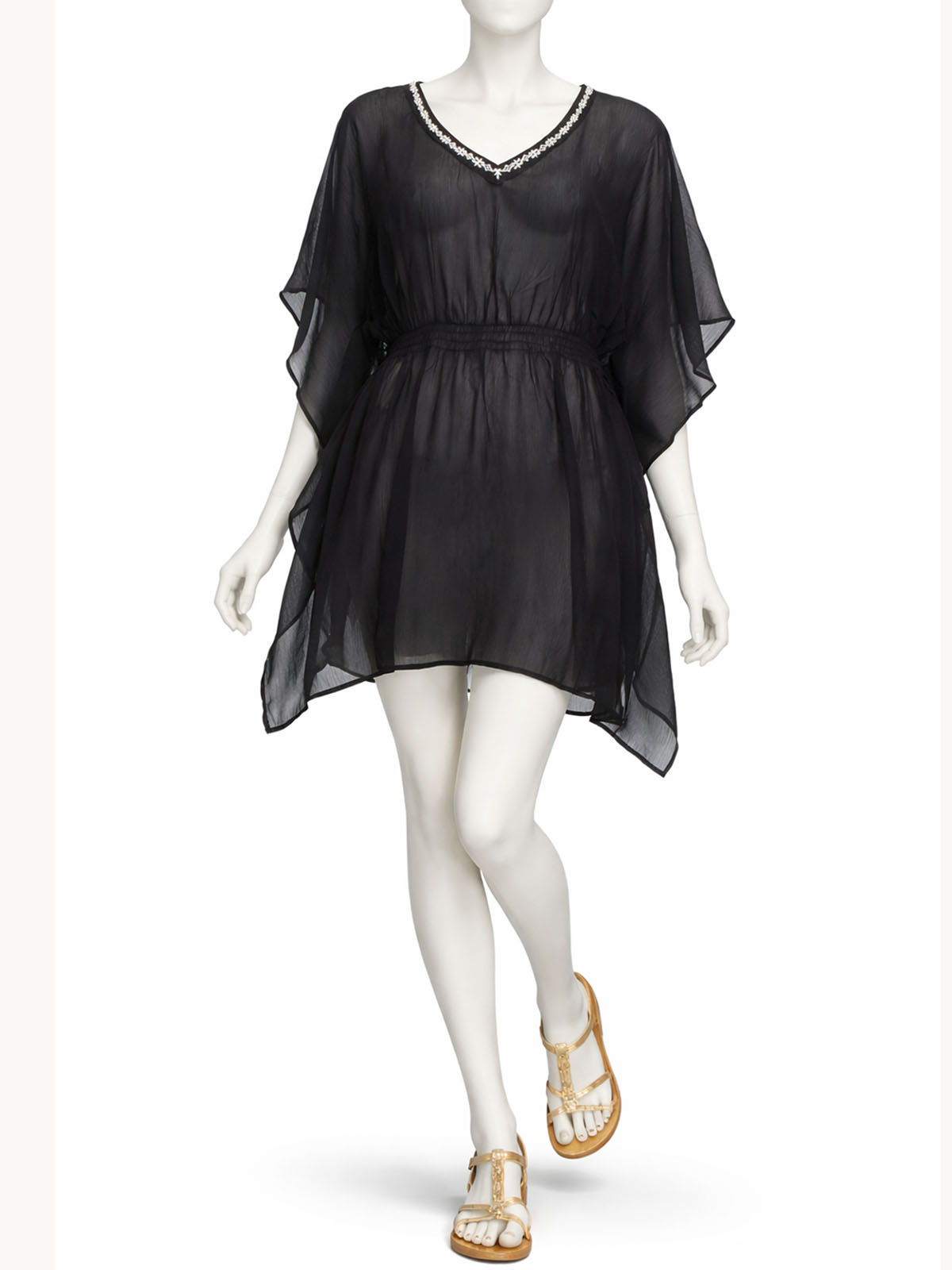BLACK Contrast Embroidered Shirred Waist Kaftan - Freesize