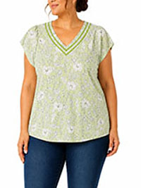 PALE-GREEN Paisley Print Shirred Hem Gypsy Top - Size 8 to 26