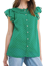 GREEN Frill Sleeve Button Through Blouse - Plus Size 26