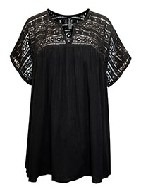 BLACK Crochet Insert Short Sleeve Top - Plus Size 16 to 18