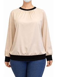 ALMOND Contrast Trim Matt Satin Long Sleeve Top - Size 8 to 24