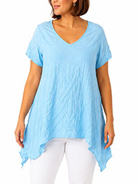 SKY-BLUE Cotton Blend Hanky Hem Crinkle Top - Size 10/12 to 30/32 (S to 3XL)