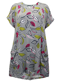 GREY Leaf Print Drop Back Hem Tunic - Size 8/10 to 16/18 (XS/S to L/XL)