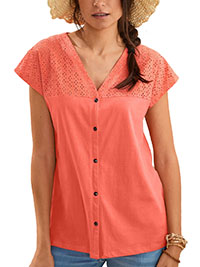 PEACH Pure Cotton Broderie Panel Button Through Top - Plus Size 26 (EU 54)