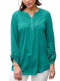 GREEN Pure Cotton Broderie Yoke Button Front Roll Sleeve Top - Size 10/12 (EU 38/40)