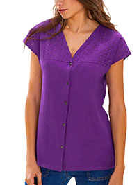PURPLE Pure Cotton Broderie Panel Button Through Top - Plus Size 20 to 26 (EU 48 to 54)