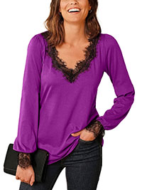 MAGENTA Cotton Jersey Eyelash Lace Top - Size 8 to 22 (EU 36 to 50)