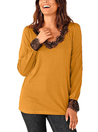 GOLD Cotton Jersey Eyelash Lace Top - Size 8 to 26 (EU 36 to 54)