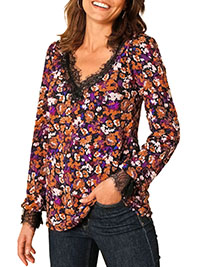 BLACK Cotton Jersey Floral Print Eyelash Lace Top - Size 8 to 26 (EU 36 to 54)