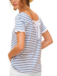 PURPLE Cotton Blend Striped Broderie Trim Tie Back T-Shirt - Plus Size 16 to 26 (EU 44 to 54)