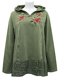 GREEN Pure Cotton Embroidered Yoke Lace Hem Hoodie - Size 10 to 24 (S to 3X)