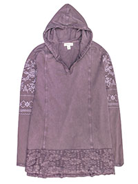 MAUVE Pure Cotton Embroidered Sleeve Crochet Lace Hem Hoodie - Plus Size 12 to 24 (M to 3X)