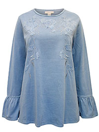 BLUE Pure Cotton Appliqué Front Trumpet Cuff Top - Size 8 to 18 (S to 1X)