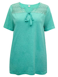 AQUA Pure Cotton Lace Insert Tassel Tie Gypsy Top - Plus Size 14 to 24