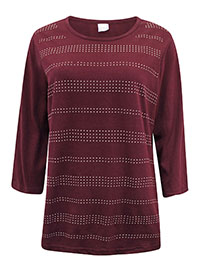 BURGUNDY Pure Cotton Rhinestone Striped Top - Plus Size 14 to 20